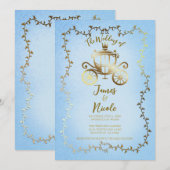Elegante Gouden Koets Blauwe Verhalenboek Huwelijk Kaart (Voorkant / Achterkant)