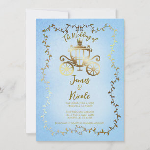 Elegante Gouden Koets Blauwe Verhalenboek Trouwdag Kaart