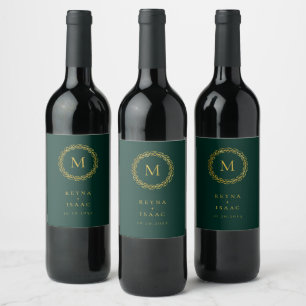 Elegante Gouden Krans Smaragdgroen Monogram Wijn Etiket