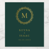 Elegante Gouden Krans Smaragdgroen Monogram Wijn Etiket (Enkel label)