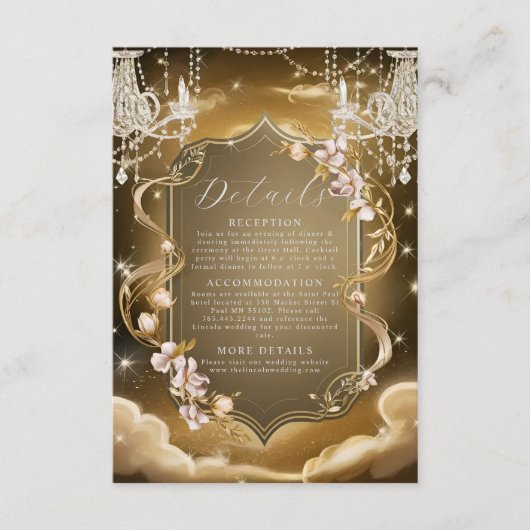 Elegante gouden kristallen kroonluchter bruiloft informatiekaartje (Voorkant)
