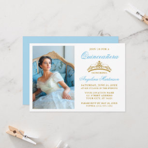 Elegante Gouden Kroon Foto Lichtblauwe Quinceanera Kaart