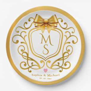 Elegante Gouden Kroon Vintage Monogram Huwelijk Papieren Bordje
