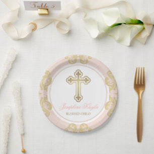 Elegante Gouden Kruis Blush Damast Meisje Doop Papieren Bordje