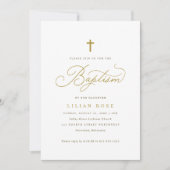 Elegante Gouden Kruis Calligrafie Foto Doop Kaart (Voorkant)