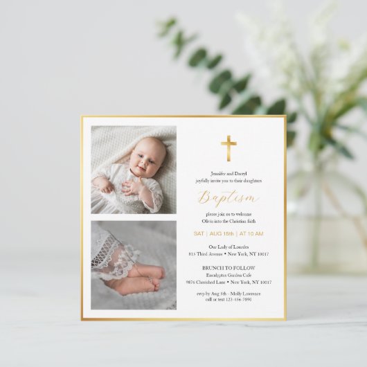 Elegante Gouden Kruis doop | Modern script Kaart (Staand voorkant)