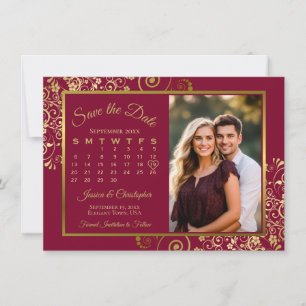 Elegante gouden krullen Bourgondische kalender Fot Save The Date