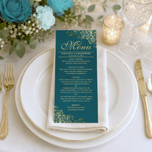 Elegante gouden krullen en krullen op een turquois menu