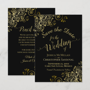Elegante gouden krullen filigraan op zwarte bruilo save the date