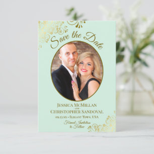 Elegante gouden krullen & foto Neo Mint Green Wedd Save The Date