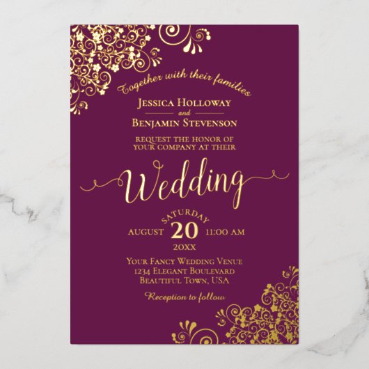 Elegante gouden krullen op Magenta Plum Wedding Folie Uitnodiging (Voorkant)