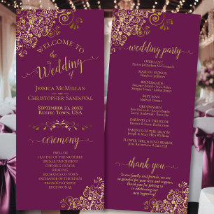 Elegante gouden krullen op Magenta Plum Wedding Programma