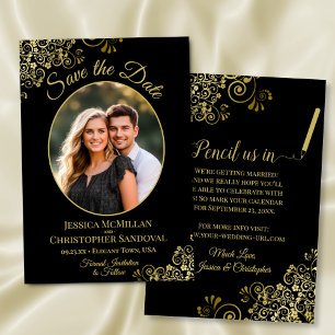 Elegante Gouden Krullen Ovaal Foto Zwarte Trouw Save The Date