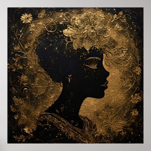 Elegante Gouden Kunst van een Vrouwenprofiel met F Poster