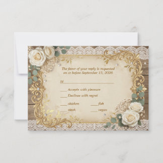 Elegante Gouden Landelijke Kant Ivoor Roos Parel B RSVP Kaartje