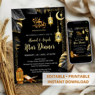 Elegante Gouden Lantaarns en Monstera Ramadan Ifta Kaart