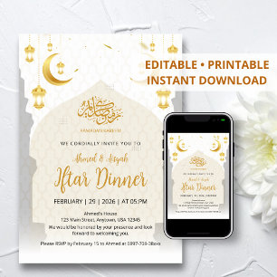 Elegante Gouden Lantern en Halve Maan Iftar Kaart