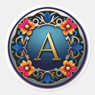 Elegante gouden letter A medaille met bloemenkrans Ronde Sticker
