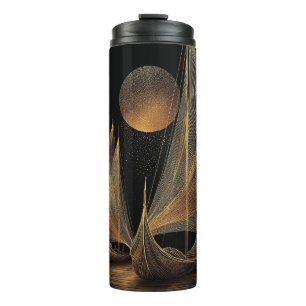 Elegante gouden lijnkunstillustratie van langschep thermosbeker