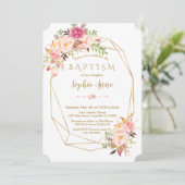 Elegante gouden lijst roze bloem doop kaart (Staand voorkant)