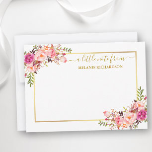 Elegante gouden Lijst Waterverf Roze Blush Bloemen Notitiekaartje