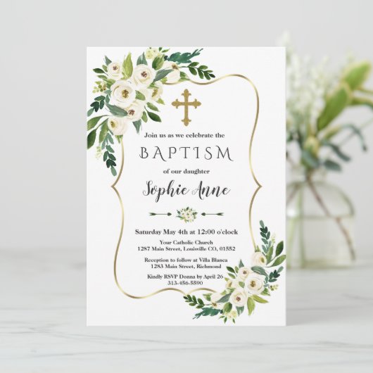 Elegante gouden lijst Witte Bloeiende Bloemen Doop Kaart (Staand voorkant)