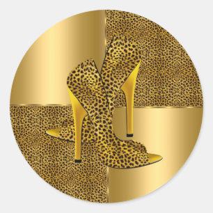 Elegante Gouden Luipaard Hoge Hak Schoenen Dier Ronde Sticker