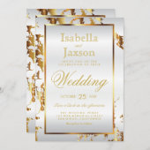 Elegante gouden marmer en witte satijn uitnodiging (Voorkant / Achterkant)