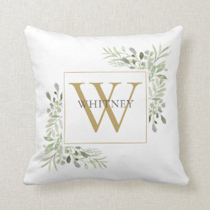 Elegante gouden monogram groen gebladerte kussen