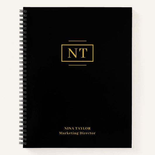 Elegante gouden monogram met twee letters op zwart notitieboek (Voorkant)