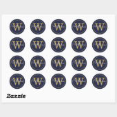 Elegante gouden monogram script naam navyblauw ronde sticker (Vel)