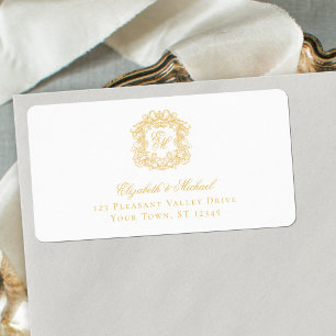 Elegante gouden monogram wapen huwelijksadres etiket