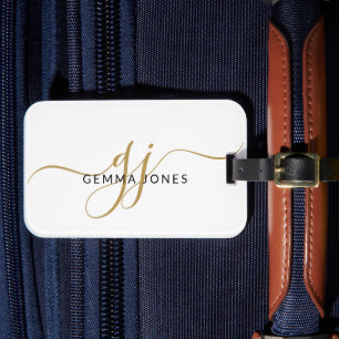 Elegante gouden monogram witte bagagelabel