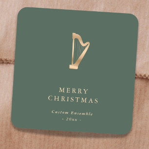Elegante Gouden Muziekharp Kerst Groen Vierkante Sticker