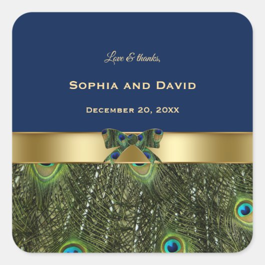 Elegante gouden navyblauwe pauwveren bruiloft vierkante sticker (Voorkant)