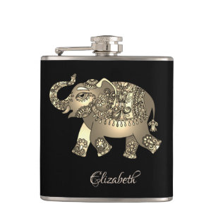 Elegante gouden olifant bloemmotief, zwart - Perso Heupfles