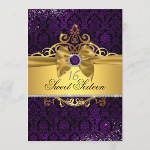 Elegante gouden Paarse Damask Sweet Sixteen Uitnod Kaart