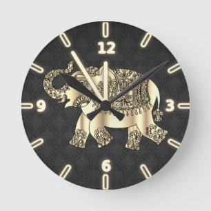 Elegante gouden paisley bloemmotief olifant,Zwart Ronde Klok