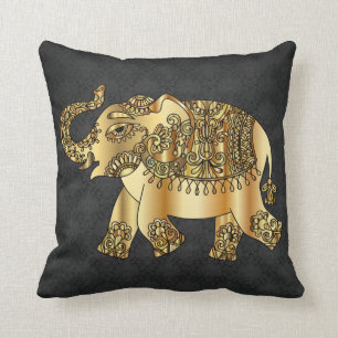 Elegante gouden paisley olifant,Zwarte damast Kussen
