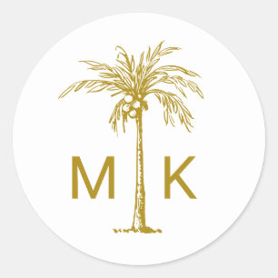 Elegante Gouden Palmboom Monogram Tropisch Ronde Sticker