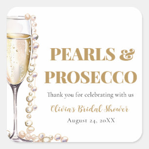Elegante Gouden Parels en Prosecco Bruidsdouche Vierkante Sticker