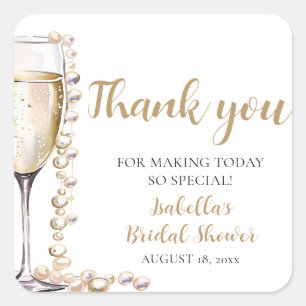 Elegante Gouden Parels en Prosecco Bruidsdouche Vierkante Sticker