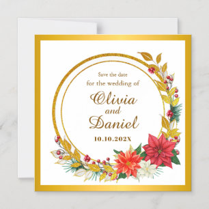 Elegante Gouden & Poinsettia Krans Save the Date Magnetische Uitnodiging
