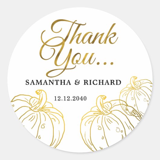 Elegante gouden pompoen herfst bruiloft dank u ronde sticker (Voorkant)
