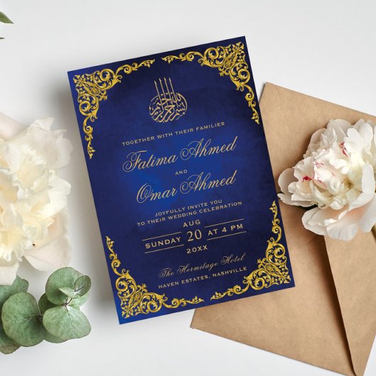 Elegante gouden rand blauwe islamitische moslimhuw kaart