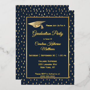Elegante gouden regendruppels Navyblauwe afstudeer Folie Uitnodiging