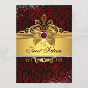 Elegante gouden robijnrode damast Sweet Sixteen ui Kaart