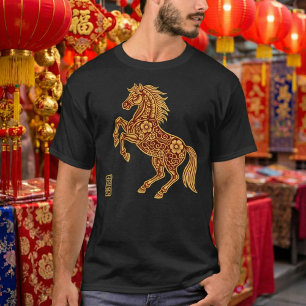 Elegante Gouden Rode Traditionele Bloem Paard T-shirt