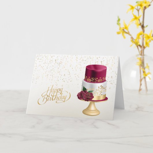 Elegante gouden rode verjaardagstaart kaart (Gele Bloem)