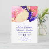 Elegante gouden roze en paarse inkwash bruiloft kaart (Staand voorkant)